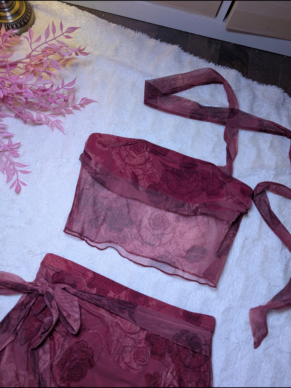 Cider Sheer Floral Two-Piece Set - Burgundy - Picture 4 of 8